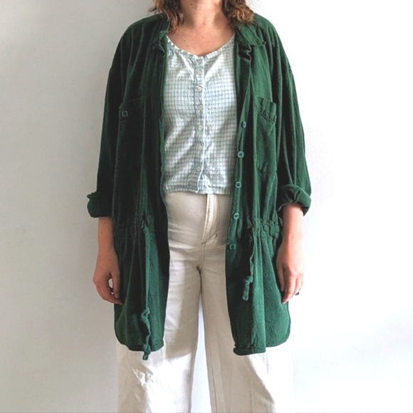 90's Oversized Thick Cotton Shacket - Vintage Button-Up Draw-String Shirt - Picture 2 of 6